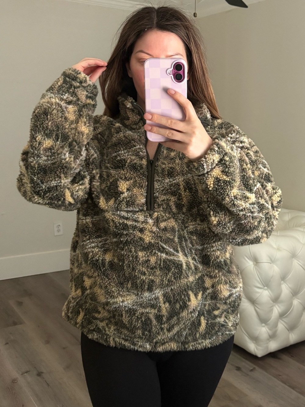 Fuzzy Sherpa Half-Zip Pullover in Olive Camouflage